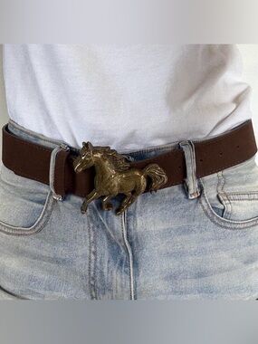 Brown Leather Belt with Brass Horse Buckle